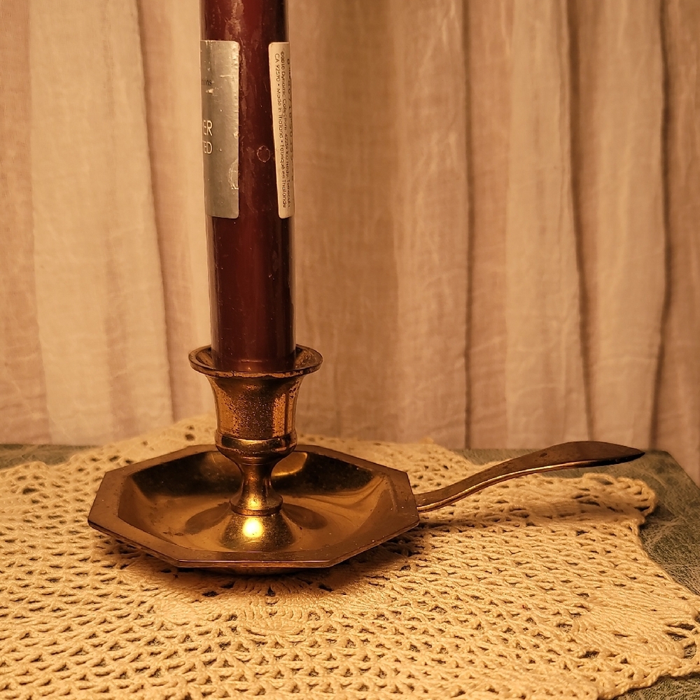 Vintage Brass Chamberstick with Burgundy Taper Candle